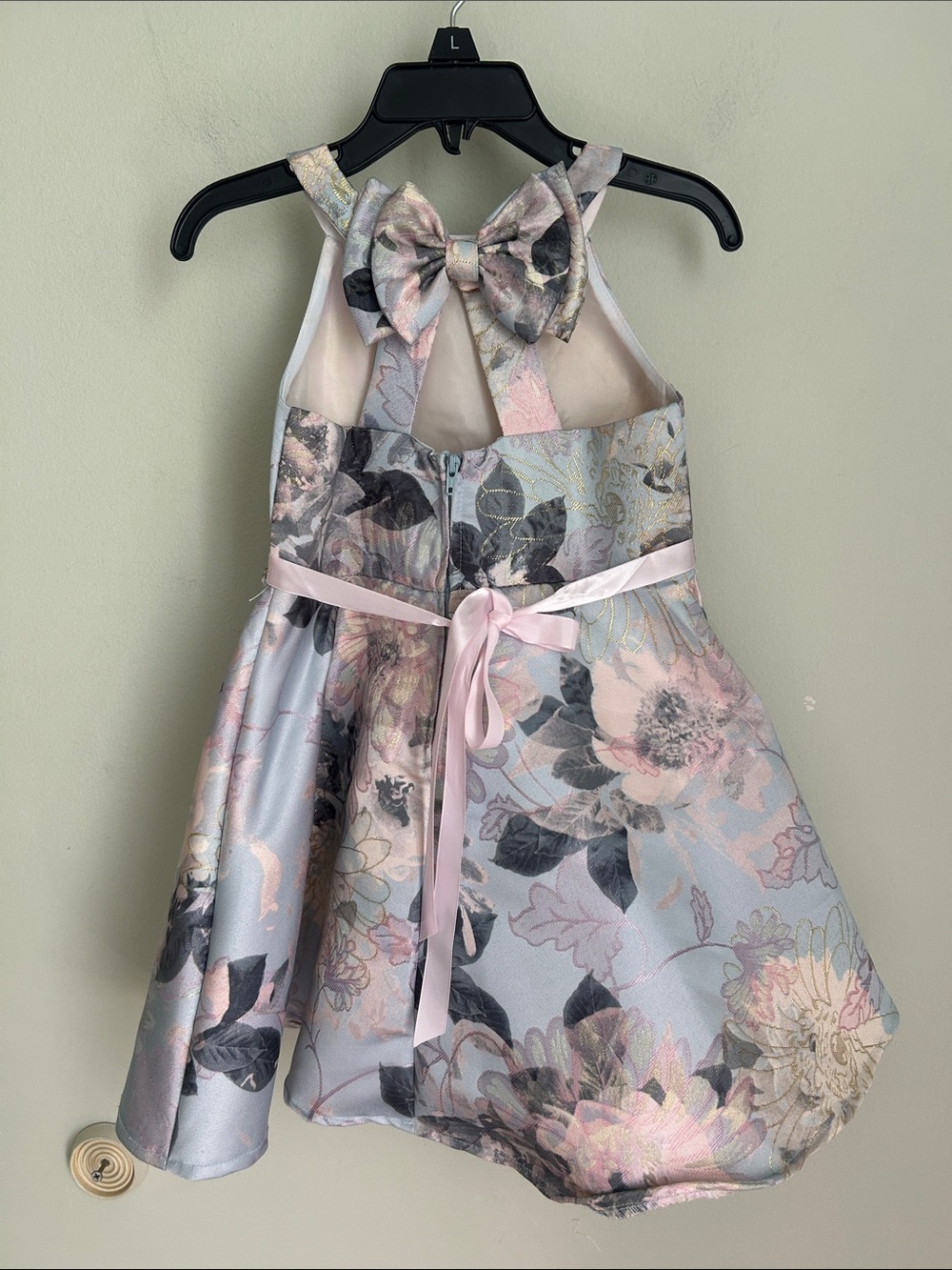 Rare Editions Pastel Pink and Gray Floral Halter Party Dress